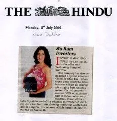 Newspaper cutting recognising Su-Kam's contribution to India's inverter industry