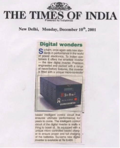 First newspaper coverage of Su-Kam's inverter